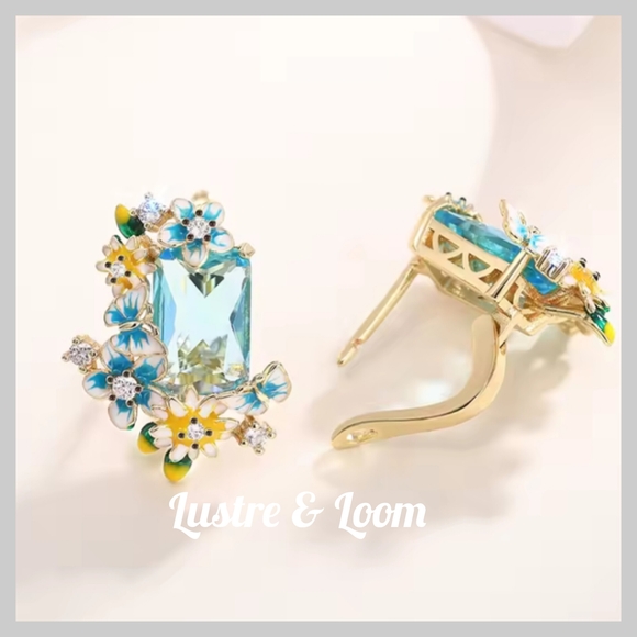 Blue and Gold Floral Earrings - Picture 5 of 9